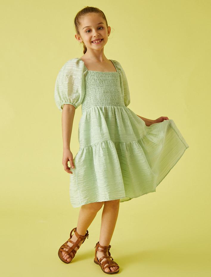 Kız Çocuk Balon Kol Elbise Şeritli Kısa Kollu