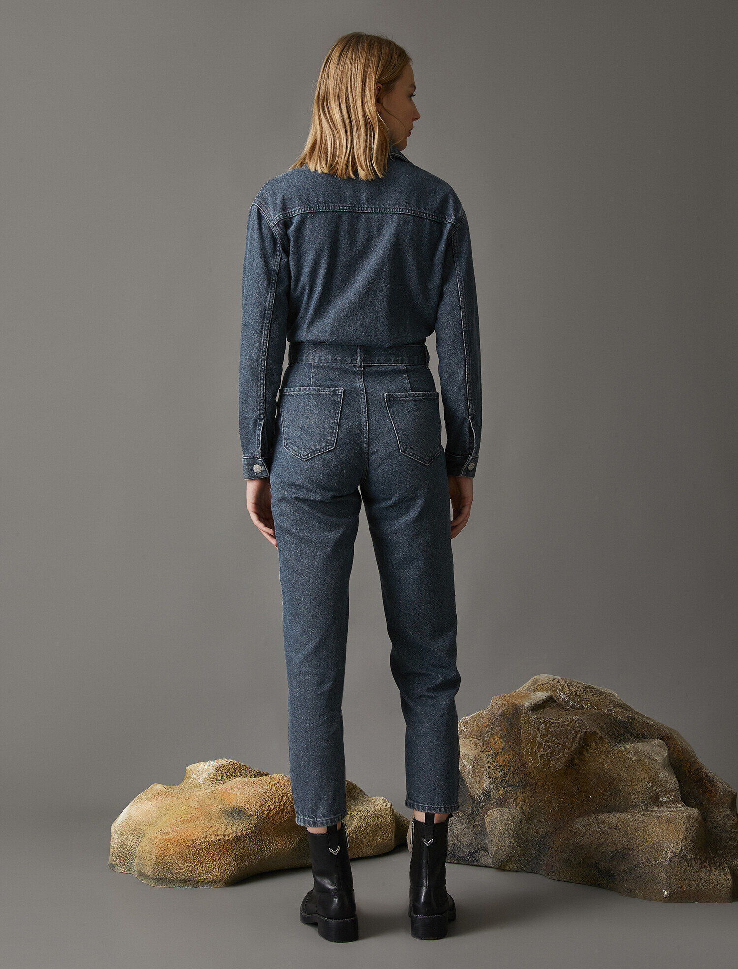   Cepli Beli Bağlamalı Kot Tulum