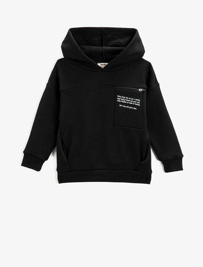 Erkek Çocuk Slogan Baskılı Kapüşonlu Sweatshirt Fermuarlı Cepli Pamuklu
