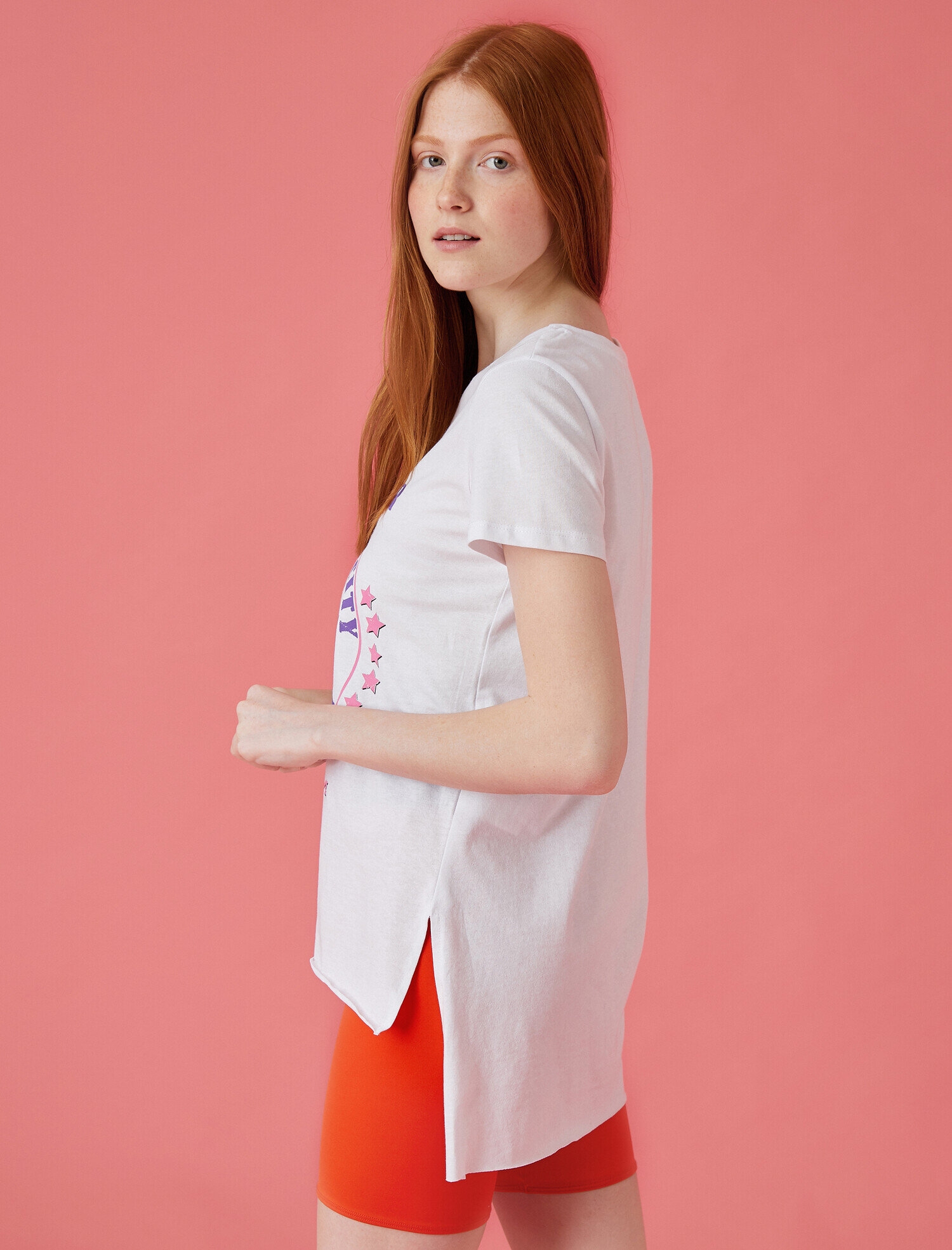   Baskılı Tişört Bisiklet Yaka Kısa Kollu Pamuklu Oversize