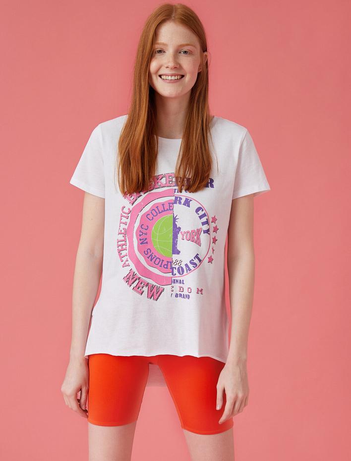  Baskılı Tişört Bisiklet Yaka Kısa Kollu Pamuklu Oversize