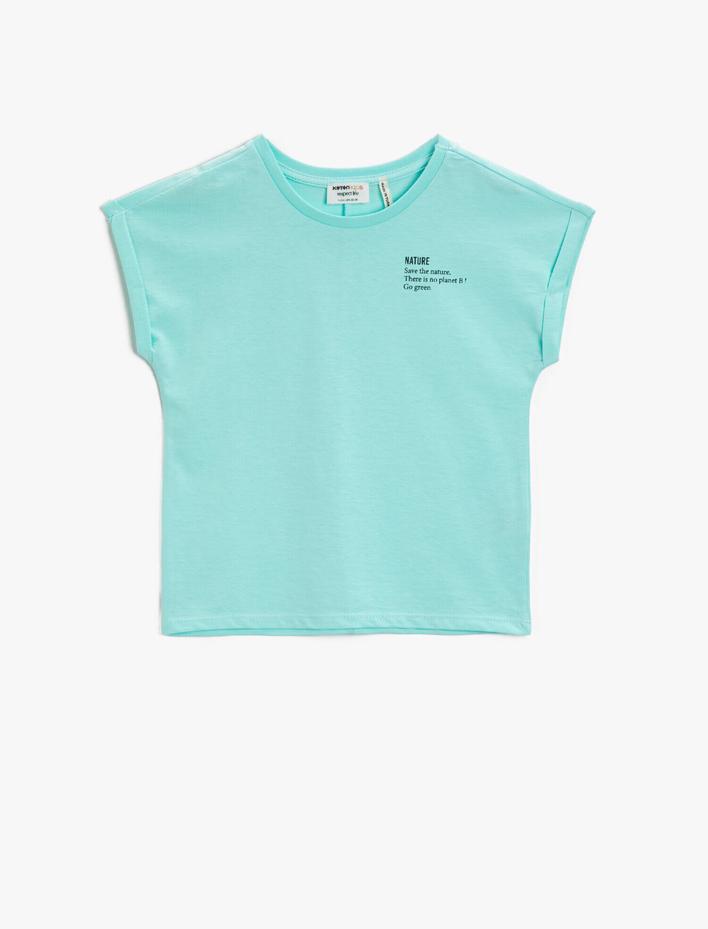 Kız Çocuk Pamuklu Baskılı Tişört Bisiklet Yaka Kısa Kollu