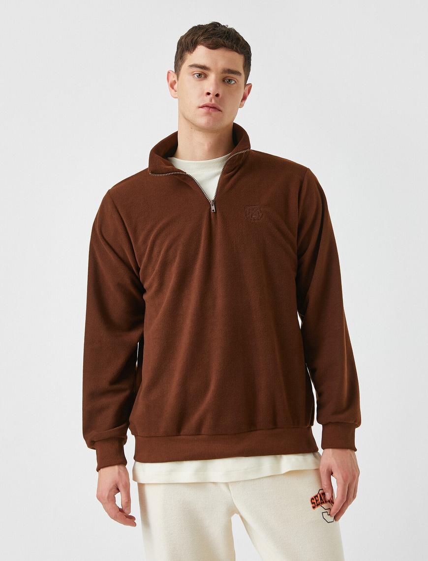   Buldog İşlemeli Yarım Fermuarlı Sweatshirt