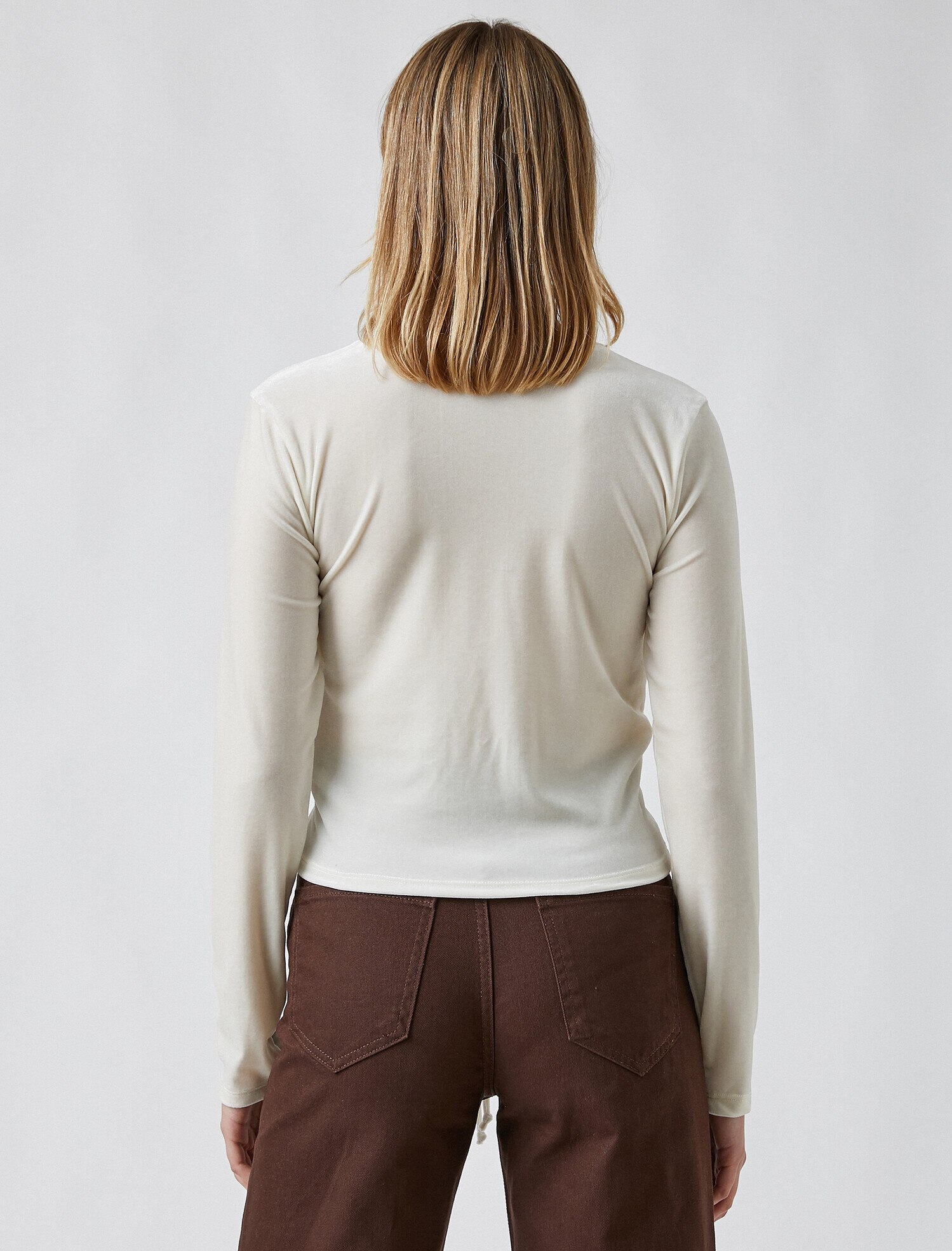   Uzun Kollu Tişört V Yaka Önden Büzgülü Kadife