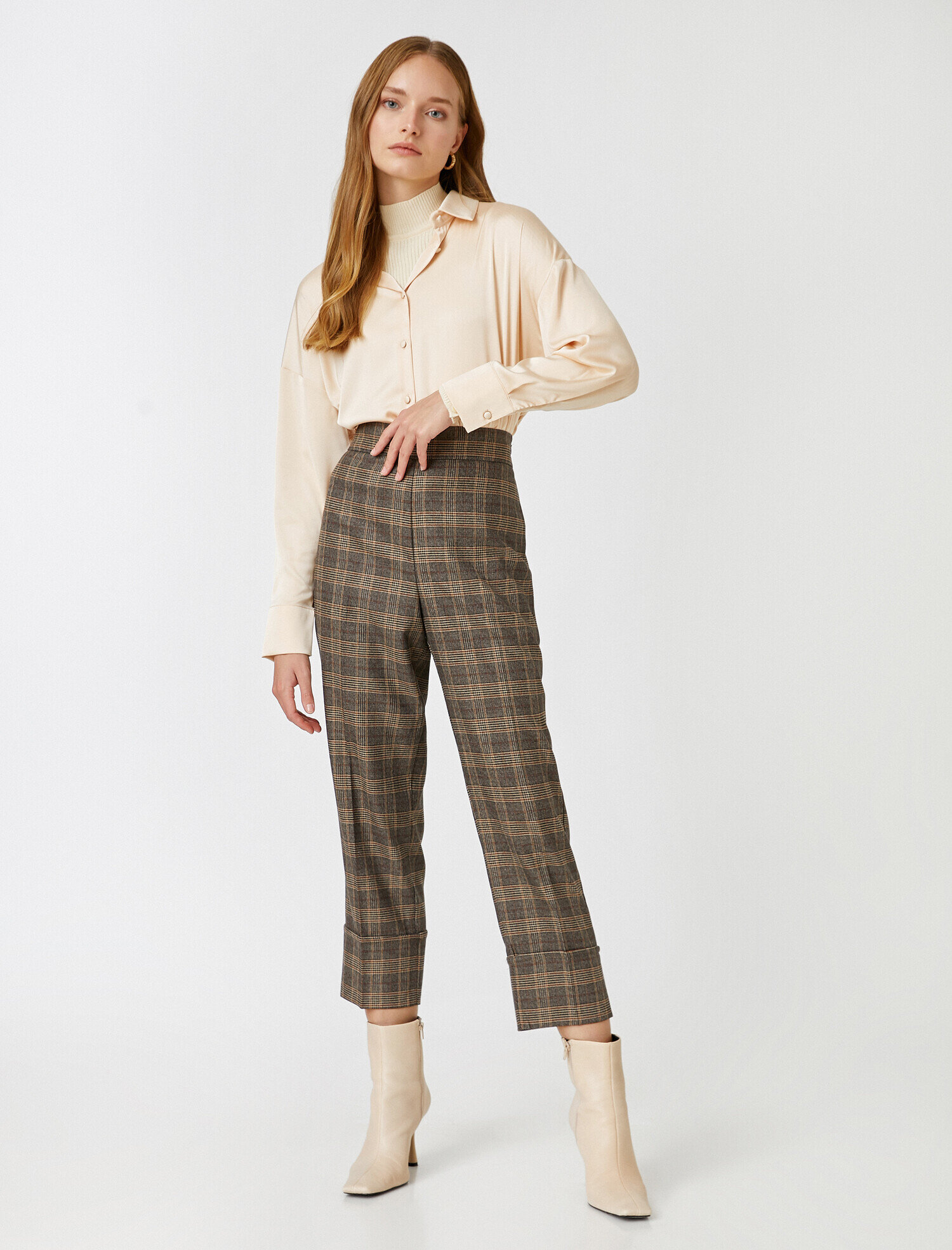   Yüksek Bel Ekoseli Crop Pantolon