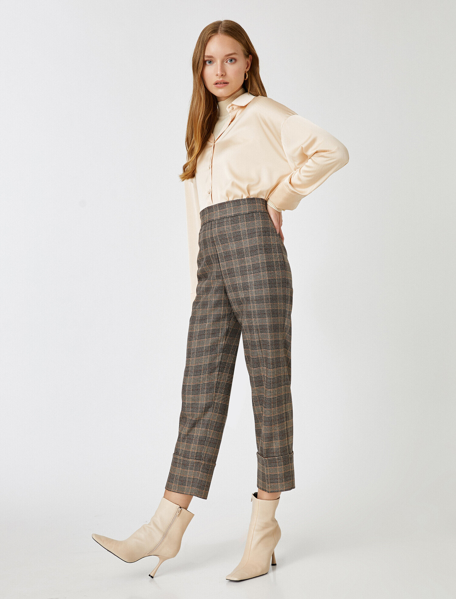   Yüksek Bel Ekoseli Crop Pantolon