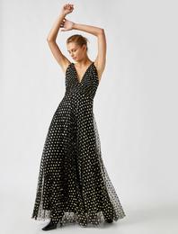 Puantiyeli Şifon Uzun Abiye Elbise