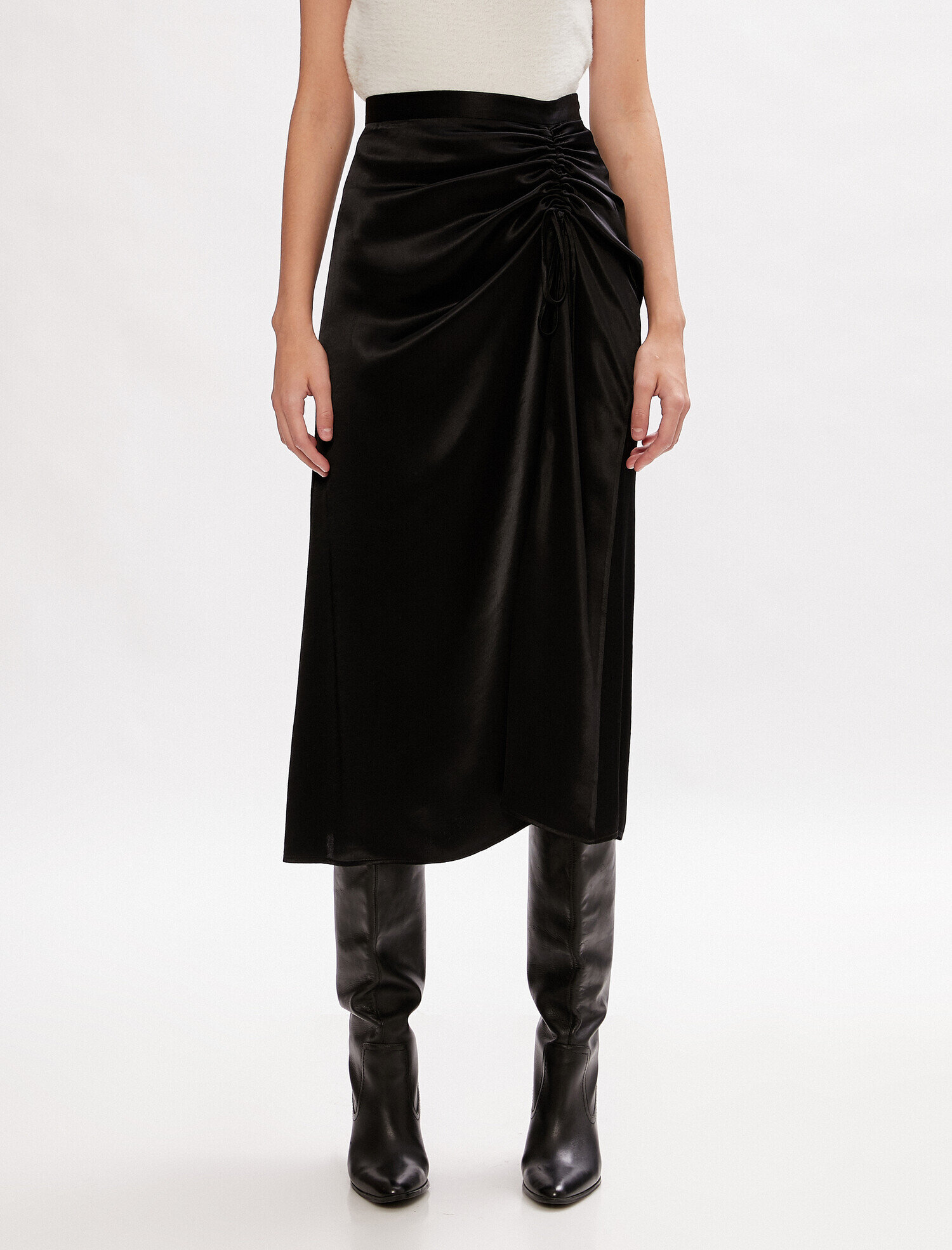   Önden Drapeli Midi Saten Etek