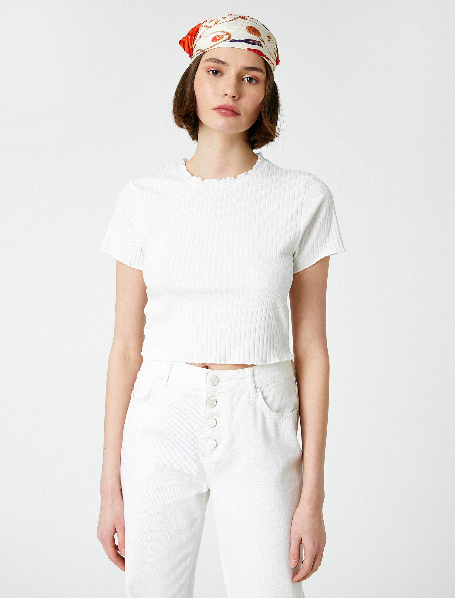   Bisiklet Yaka Kısa Kollu Crop Tişört