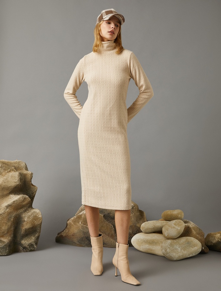  Desenli Balıkçı Yaka Elbise Uzun Kollu