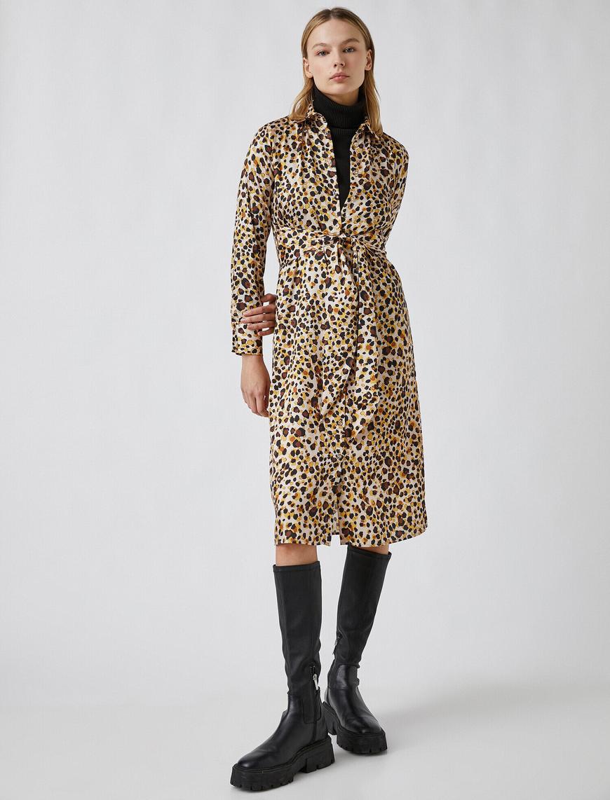   Leopar Desenli Midi Elbise