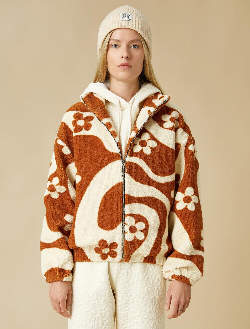  Desenli Fermuarlı Peluş Sweatshirt