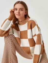 Bisiklet Yaka Kareli Uzun Kollu Triko Kazak