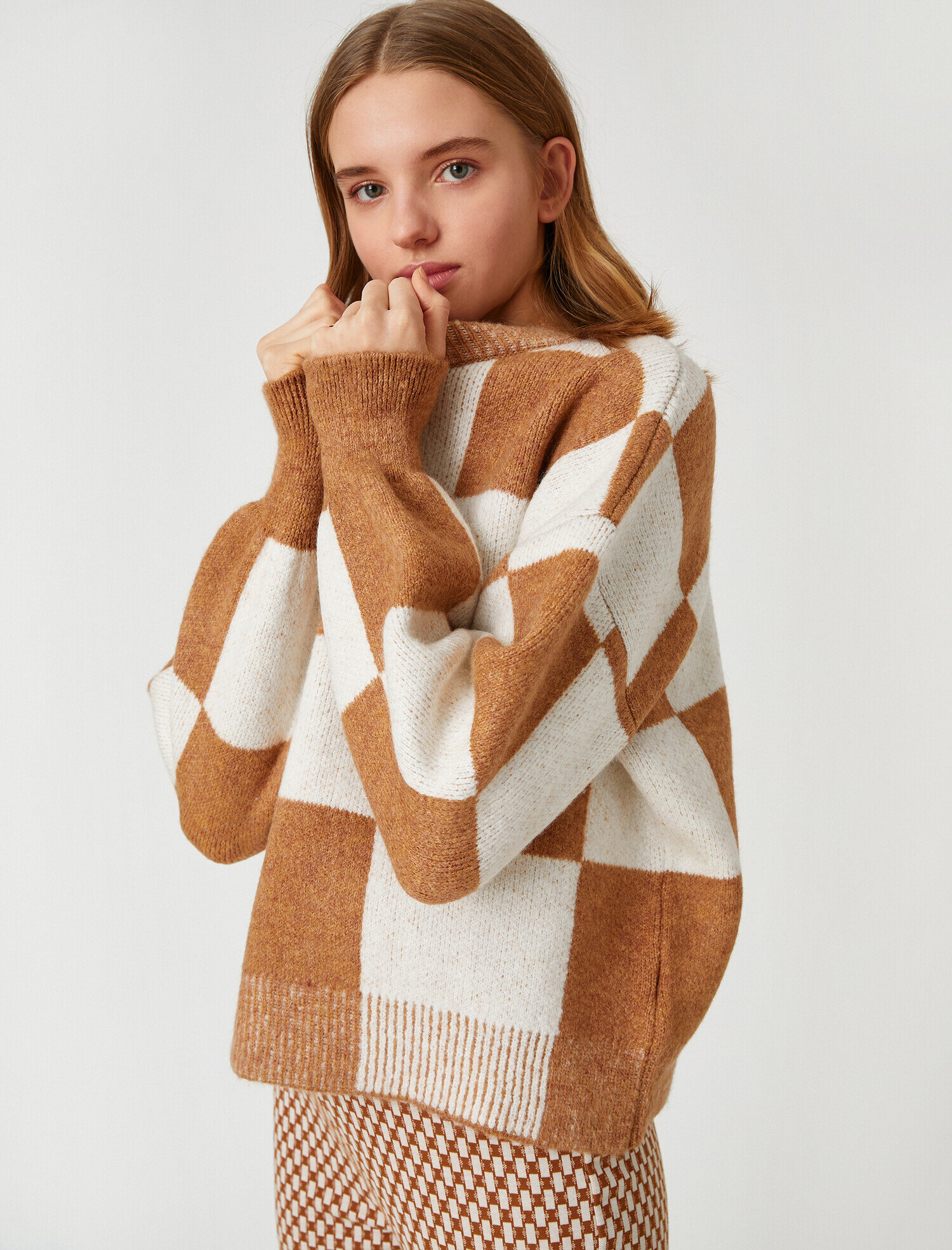   Bisiklet Yaka Kareli Uzun Kollu Triko Kazak