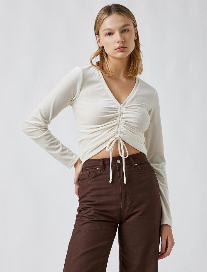  Uzun Kollu Tişört V Yaka Önden Büzgülü Kadife