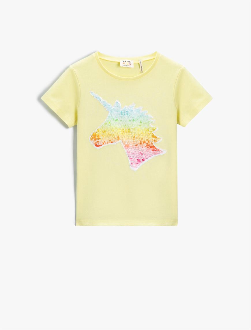  Kız Çocuk Unicorn Payetli Kısa Kollu Tişört Pamuklu