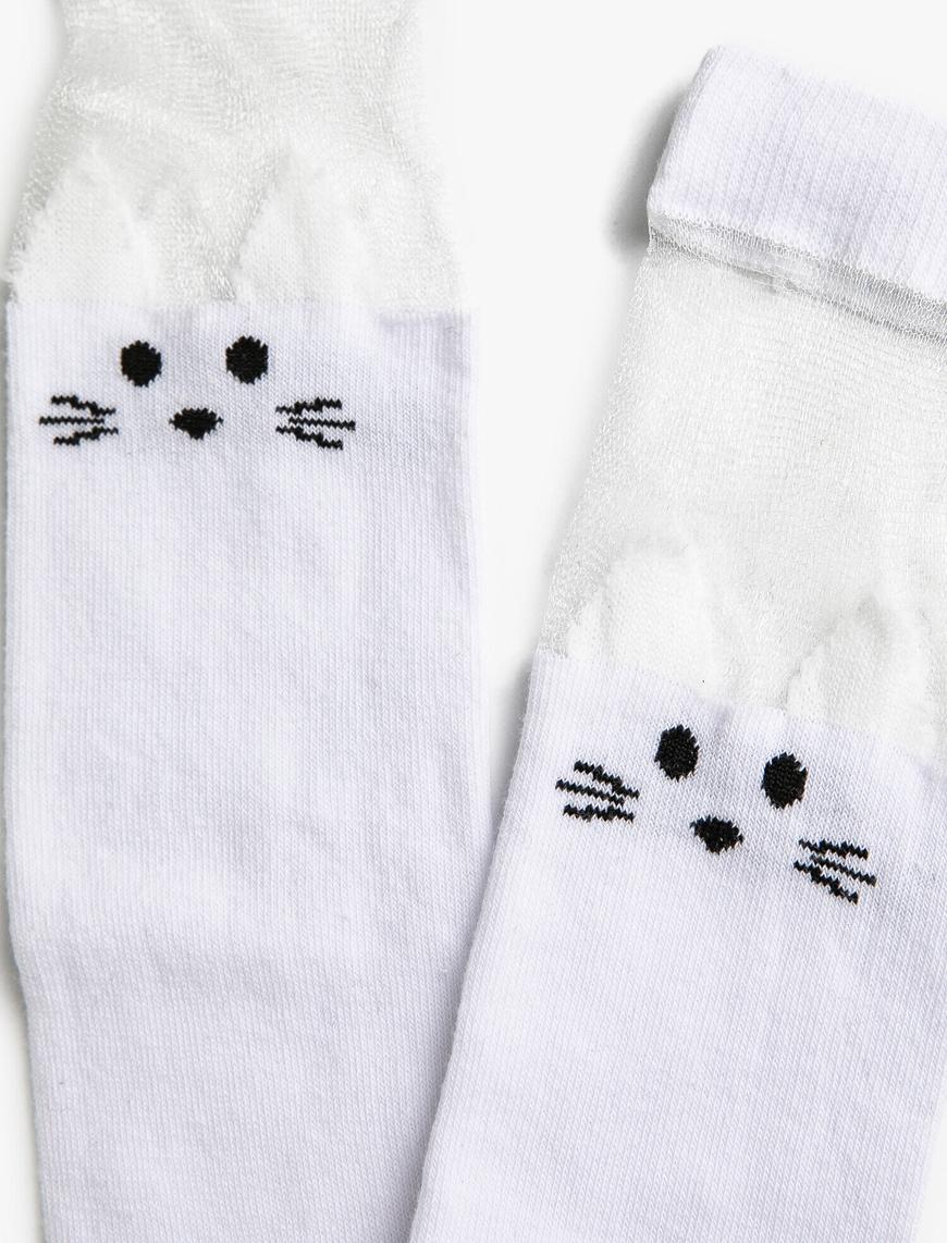  Kız Çocuk Çoklu Soket Çorap Tül Detaylı Kedi Desenli