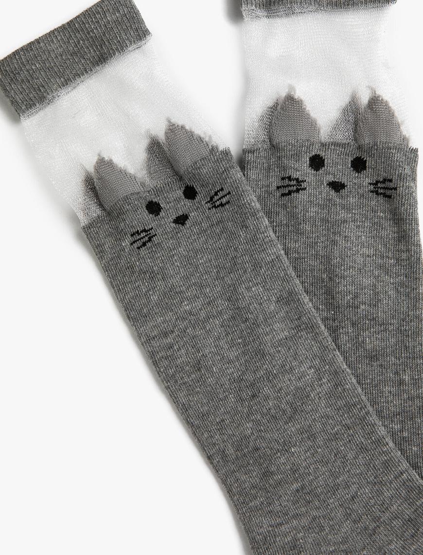  Kız Çocuk Çoklu Soket Çorap Tül Detaylı Kedi Desenli