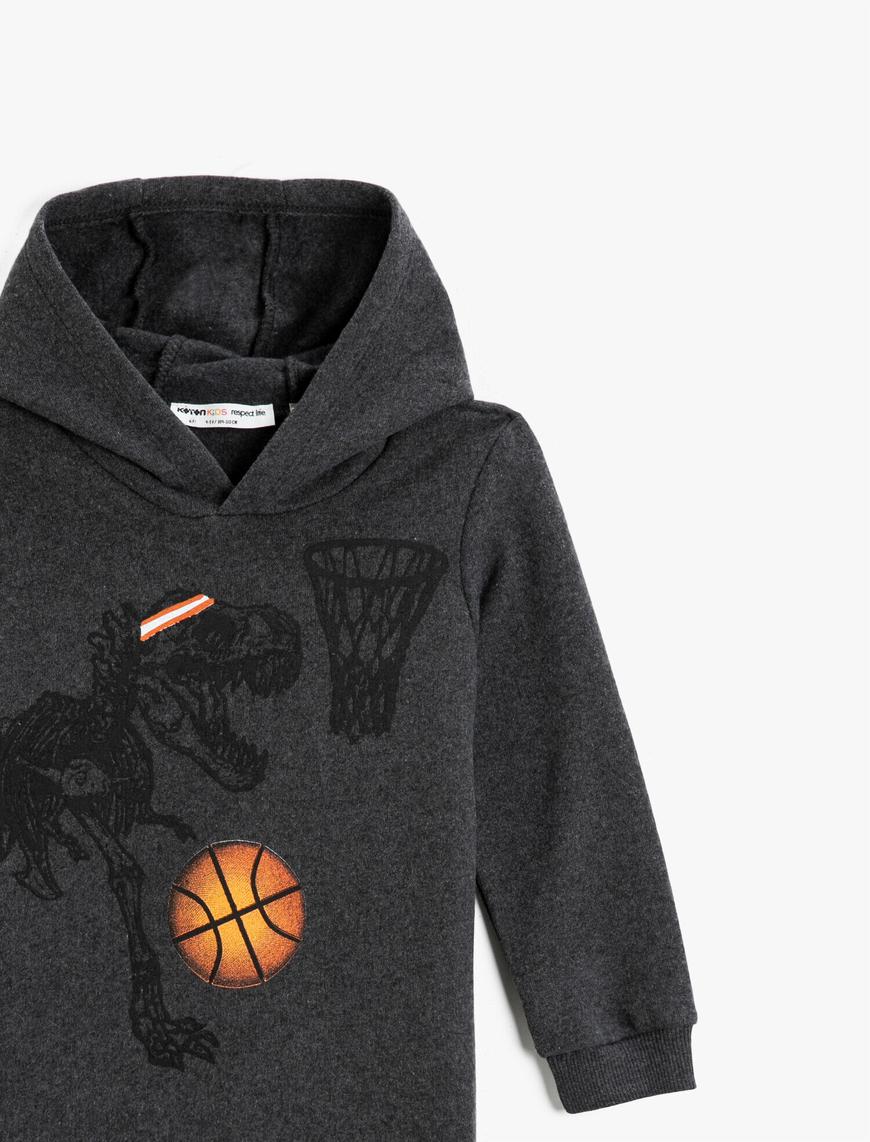  Erkek Çocuk Dinazor Baskılı Kapşonlu Sweatshirt Uzun Kollu