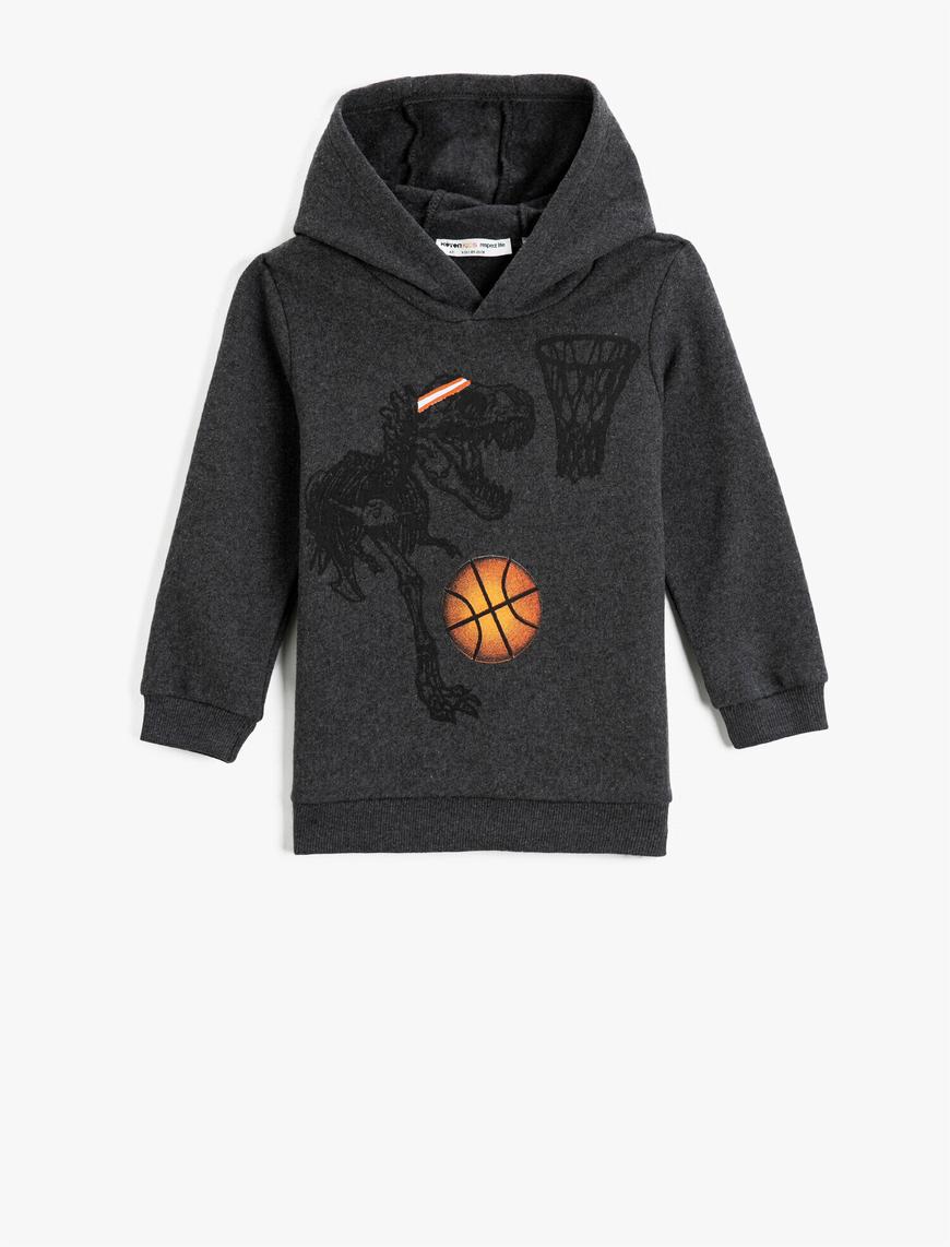  Erkek Çocuk Dinazor Baskılı Kapşonlu Sweatshirt Uzun Kollu