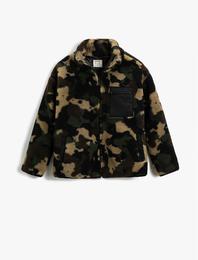 Kamuflaj Desenli Peluş Mont Cep Detaylı Fermuarlı