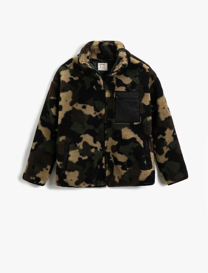 Erkek Çocuk Kamuflaj Desenli Peluş Mont Cep Detaylı Fermuarlı