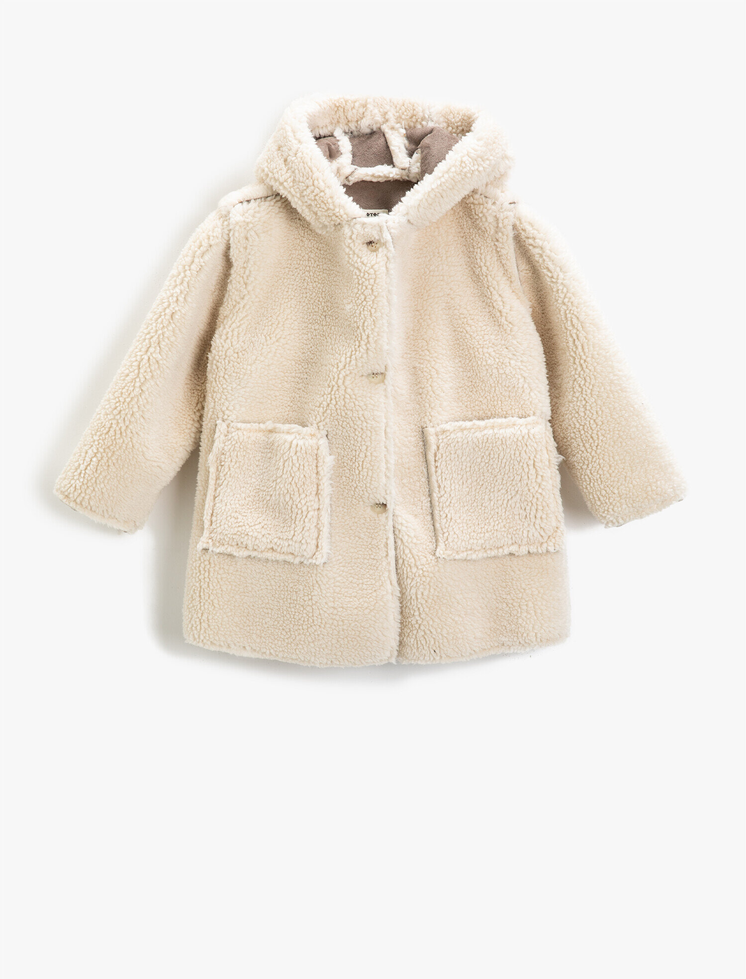 Kız Çocuk Kapüşonlu Peluş Kaban Çift Cepli Düğmeli