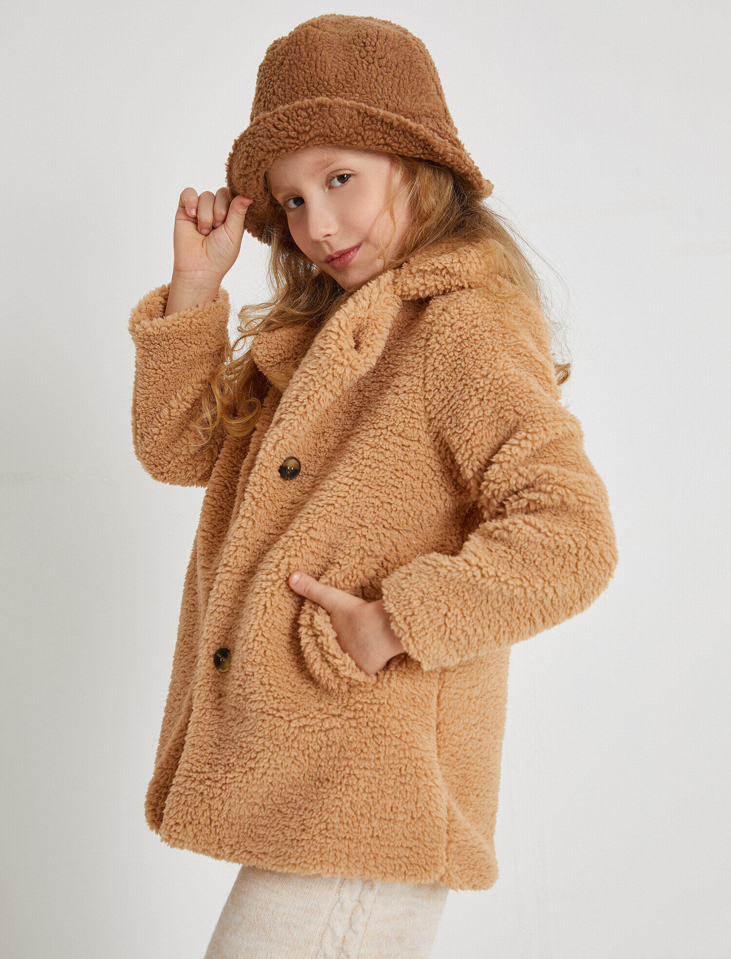  Kız Çocuk Peluş Mont Cepli Dik Yakalı