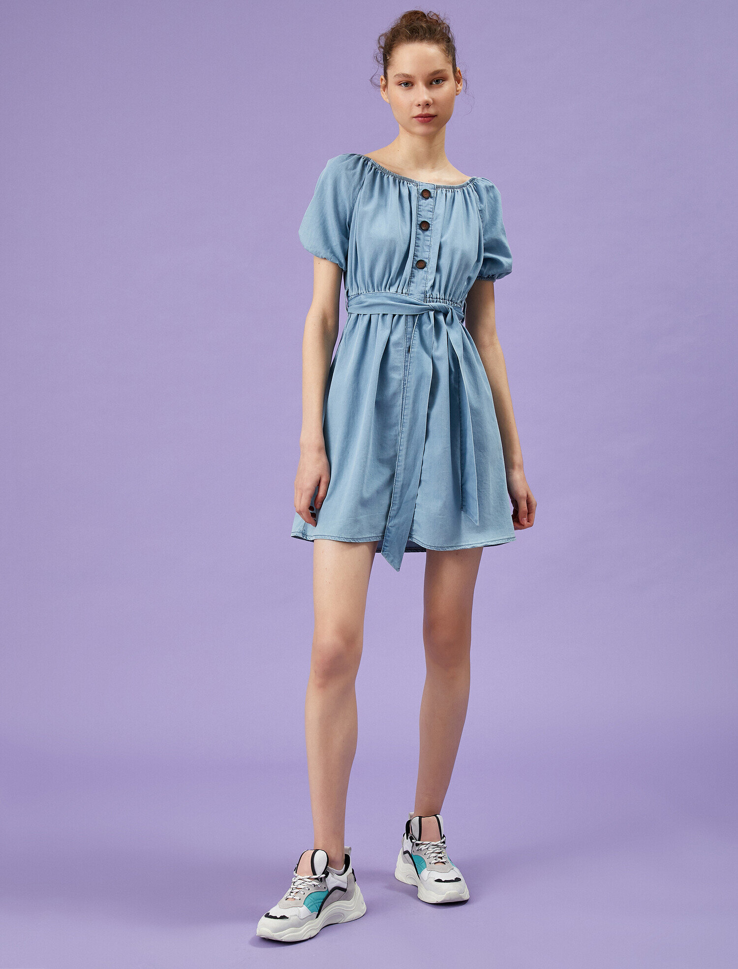   Düğme Detaylı Kot Elbise