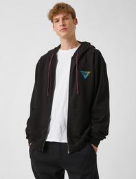Baskılı Fermuarlı Kapüşonlu Sweatshirt Hırka