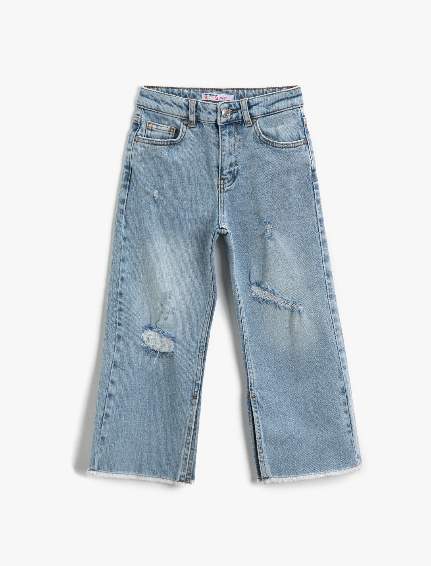  Kız Çocuk Kot Pantolon Yırtmaç Detaylı Pamuklu Cepli - Loose Jean