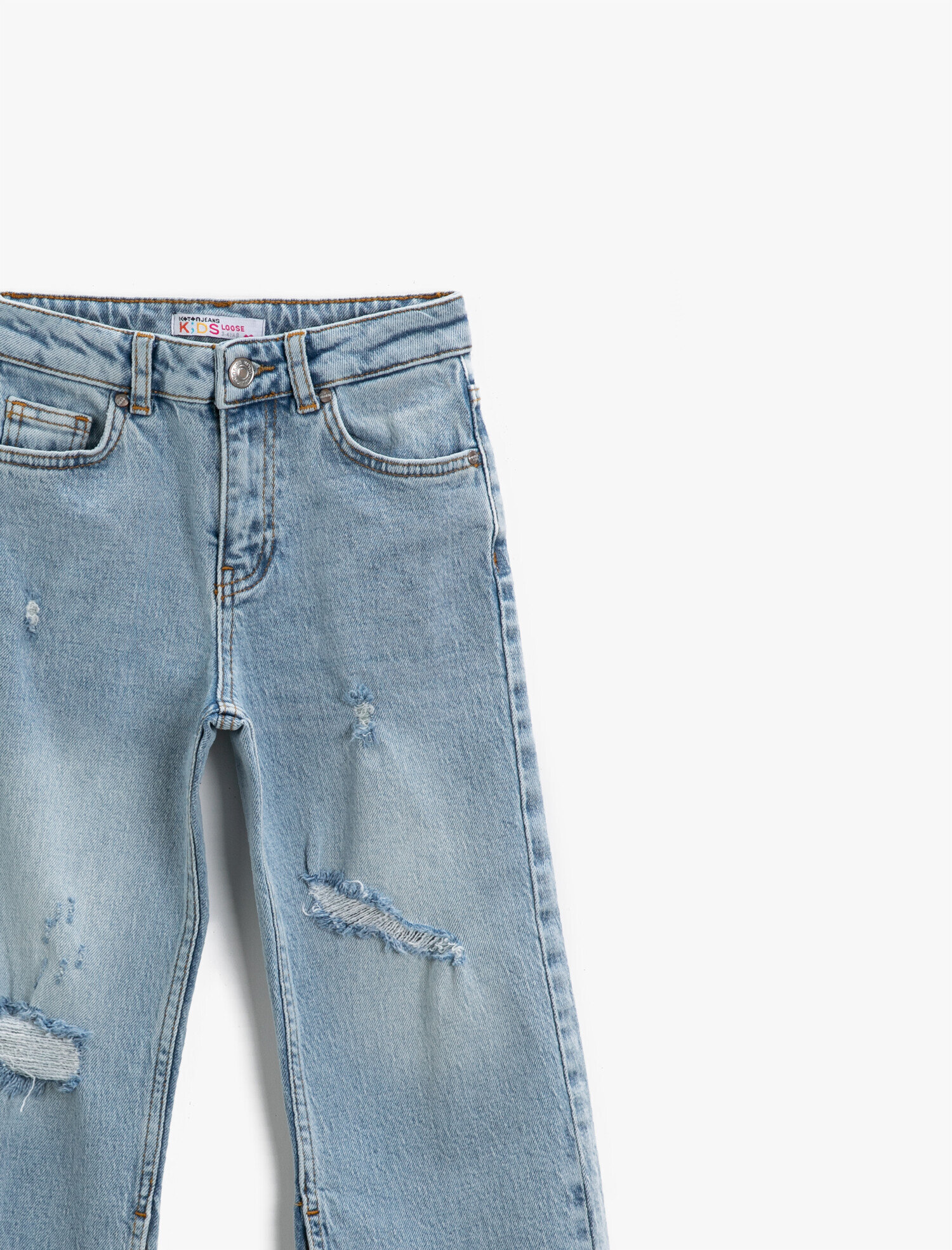  Kız Çocuk Kot Pantolon Yırtmaç Detaylı Pamuklu Cepli - Loose Jean