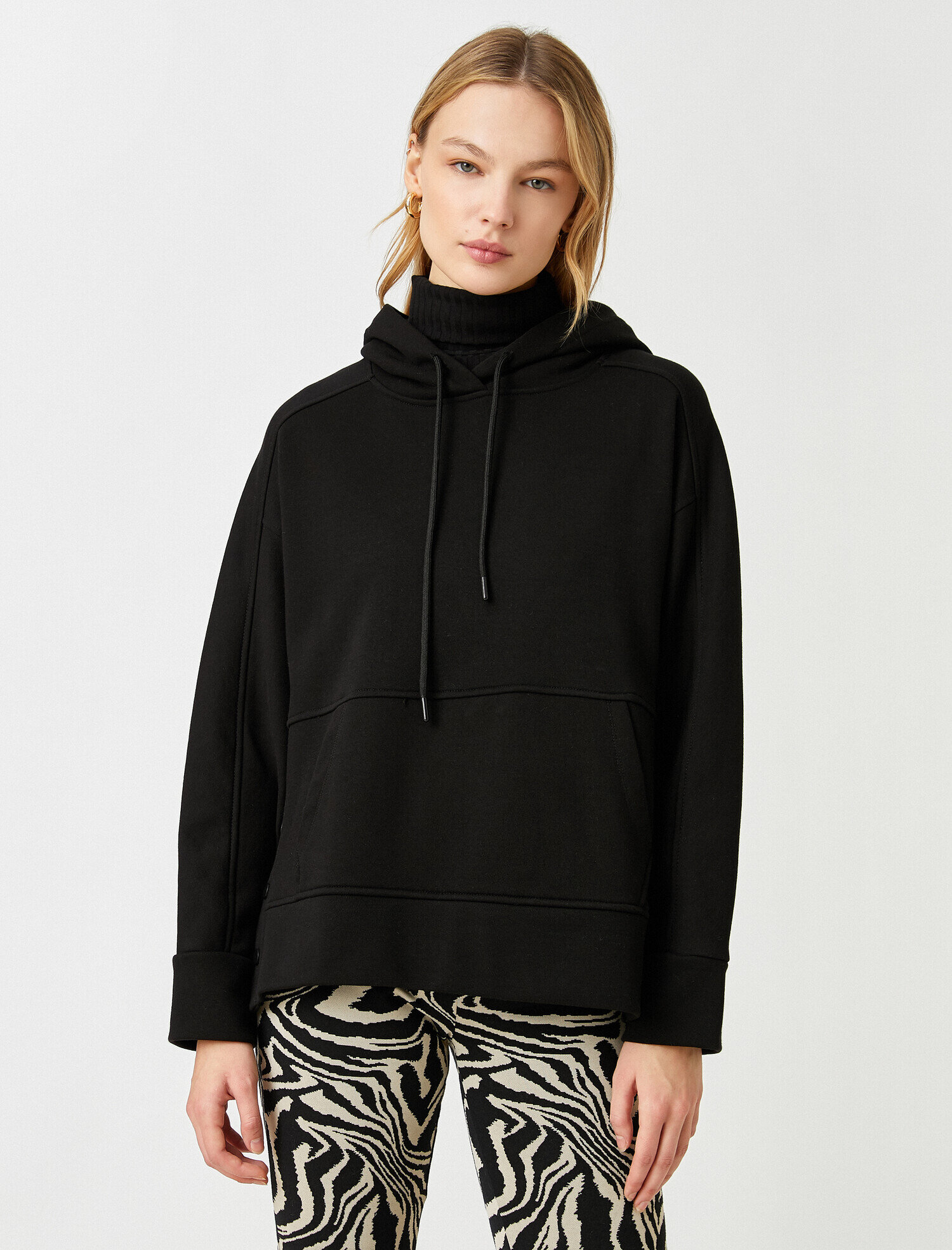   Kanguru Cepli Kapüşonlu Sweatshirt Pamuklu Yanları Düğme Detaylı