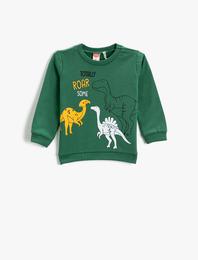 Yeşil Erkek Bebek Dinozor Baskılı Bisiklet Yaka Sweatshirt Pamuklu