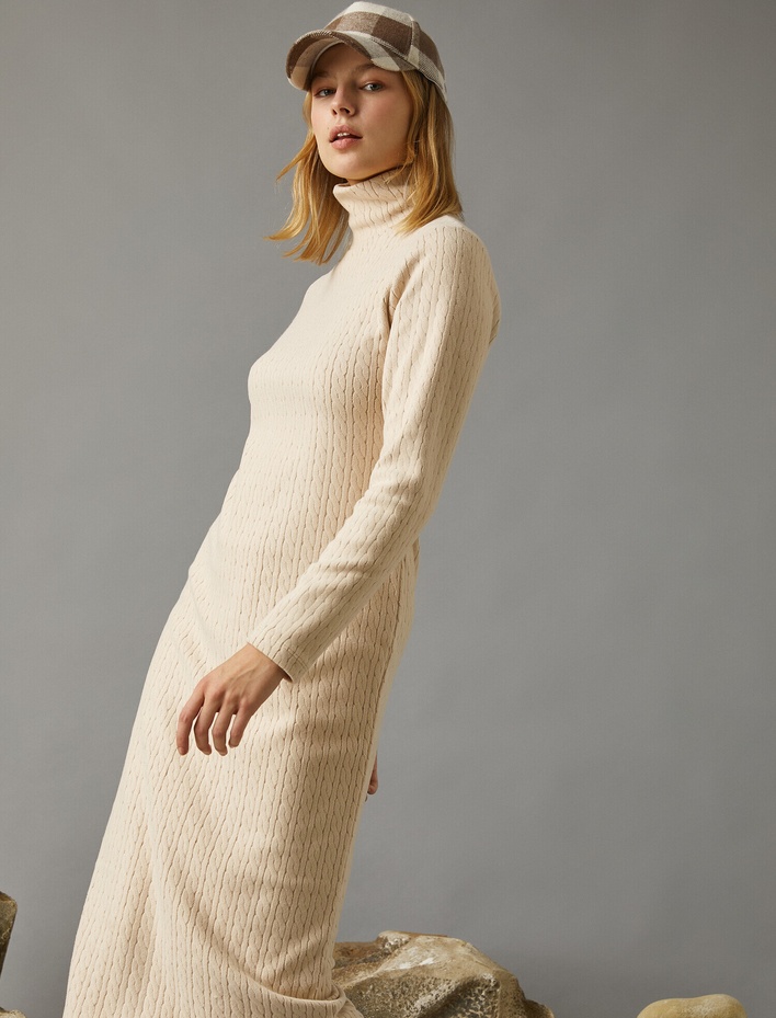  Desenli Balıkçı Yaka Elbise Uzun Kollu