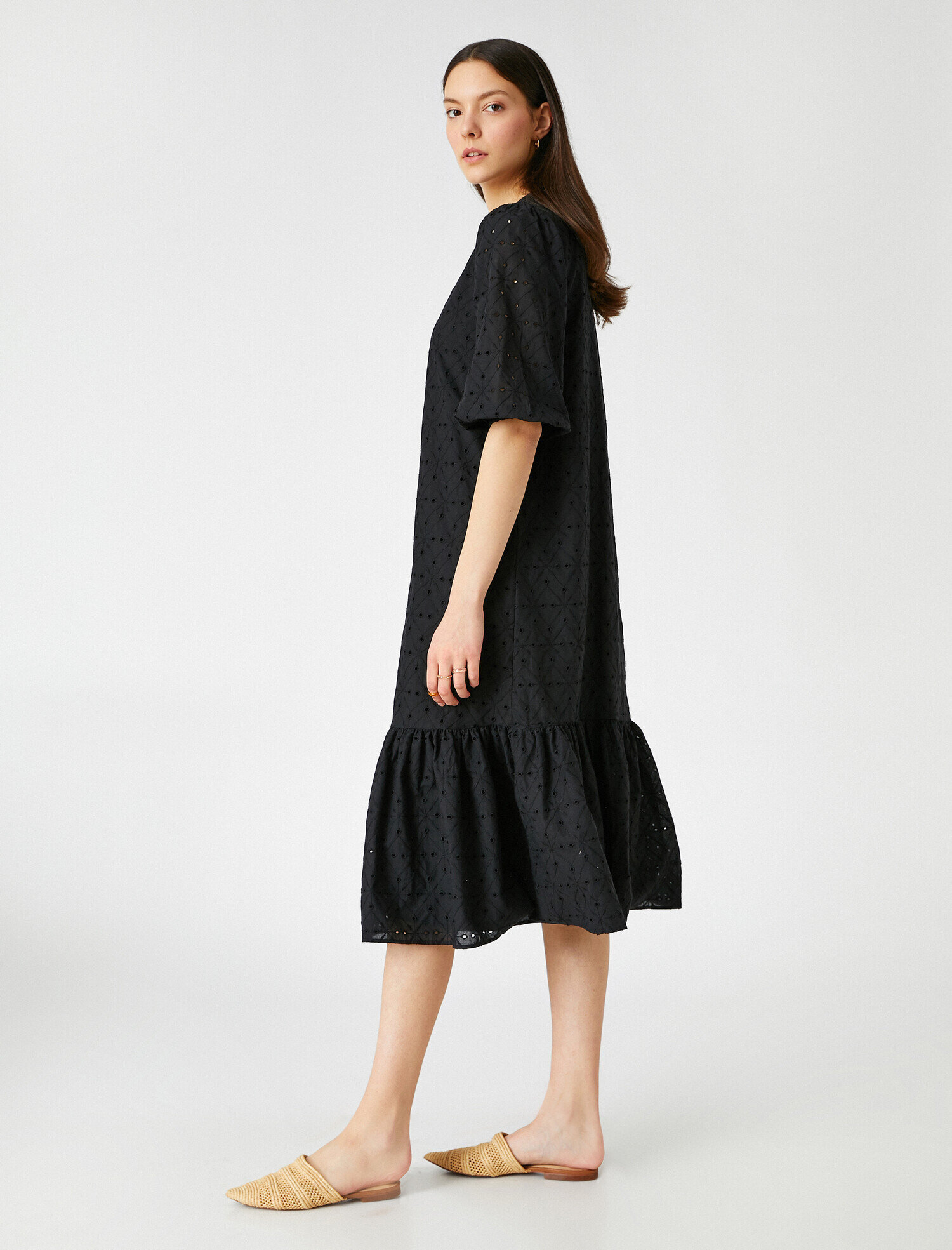   Fisto Fırfırlı Elbise V Yaka Midi Boy