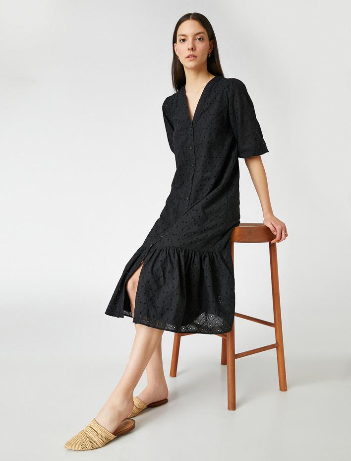  Fisto Fırfırlı Elbise V Yaka Midi Boy