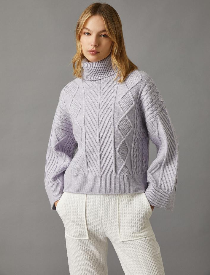  Balıkçı Yaka Örgü Detaylı Kazak