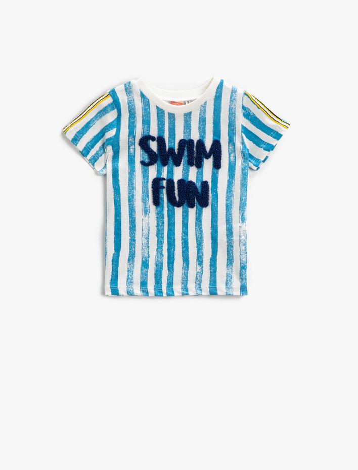 Erkek Bebek Çizgili Tişört Yazılı Baskılı Kısa Kollu Pamuklu