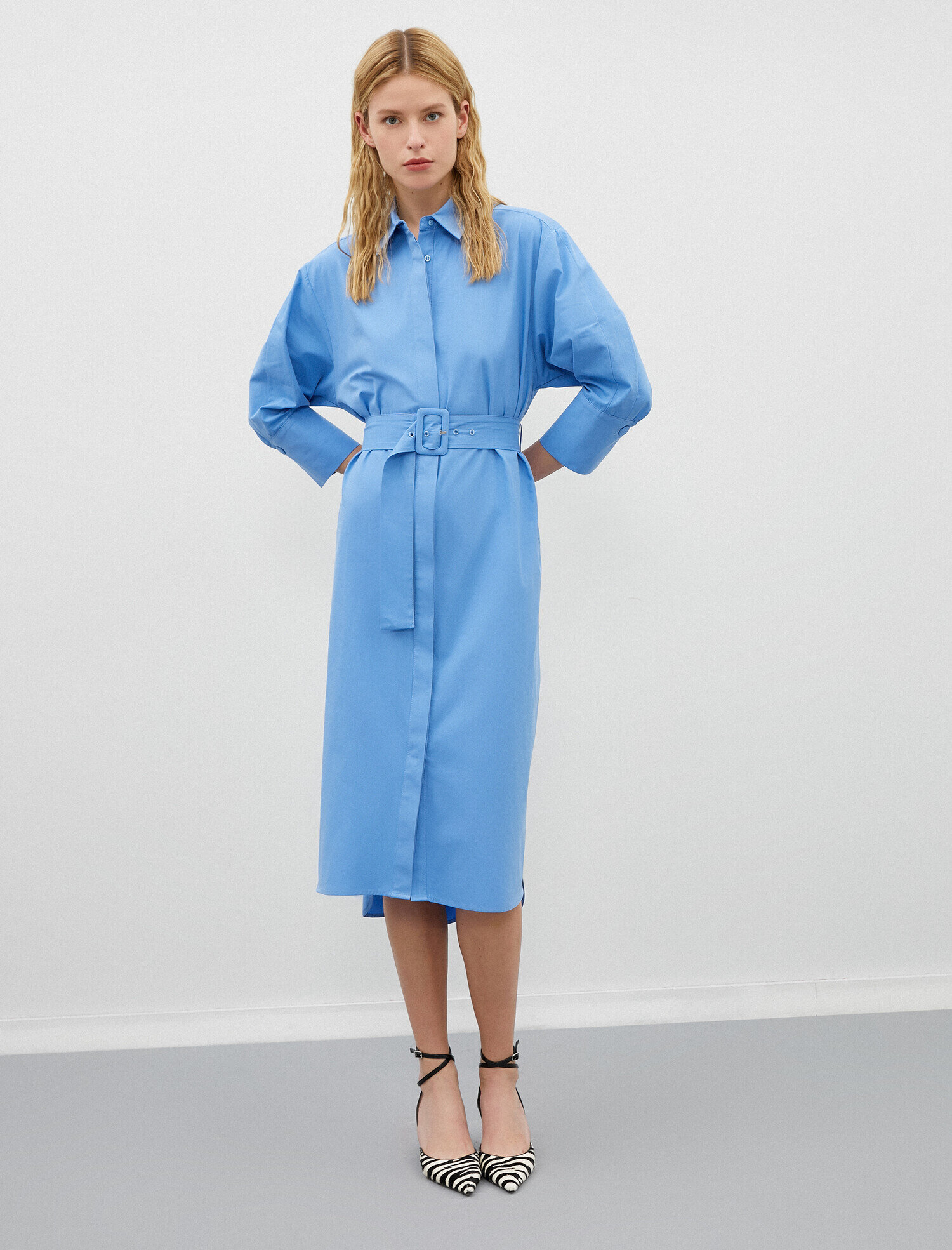 Poplin Gömlek Elbise Kemerli Pamuklu 3/4 Kol