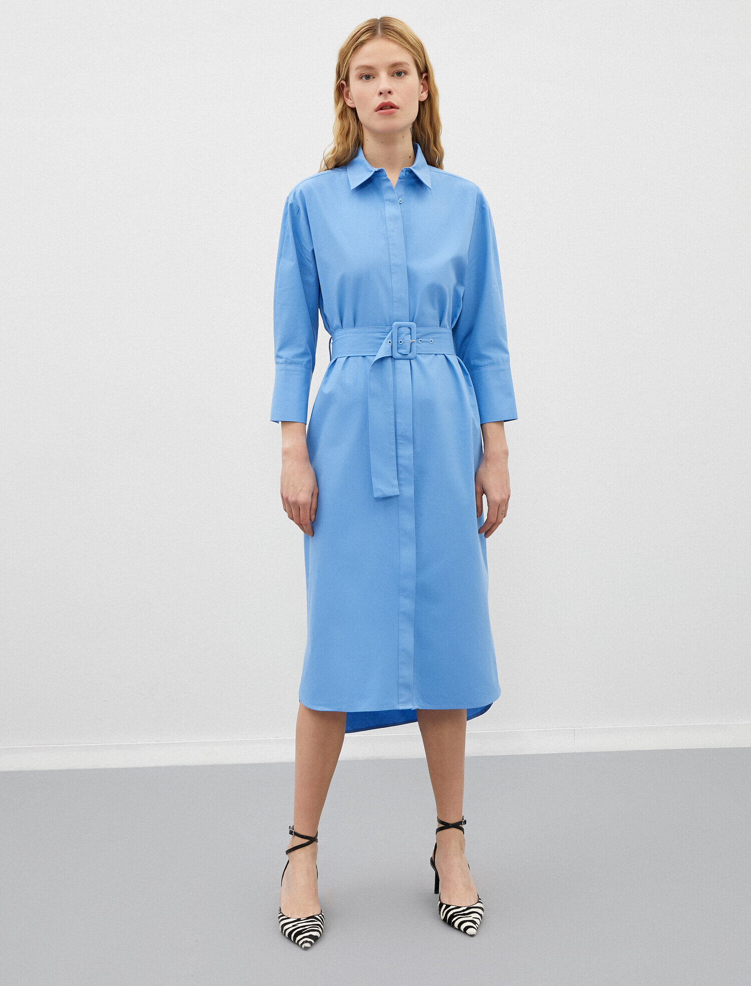 Poplin Gömlek Elbise Kemerli Pamuklu 3/4 Kol