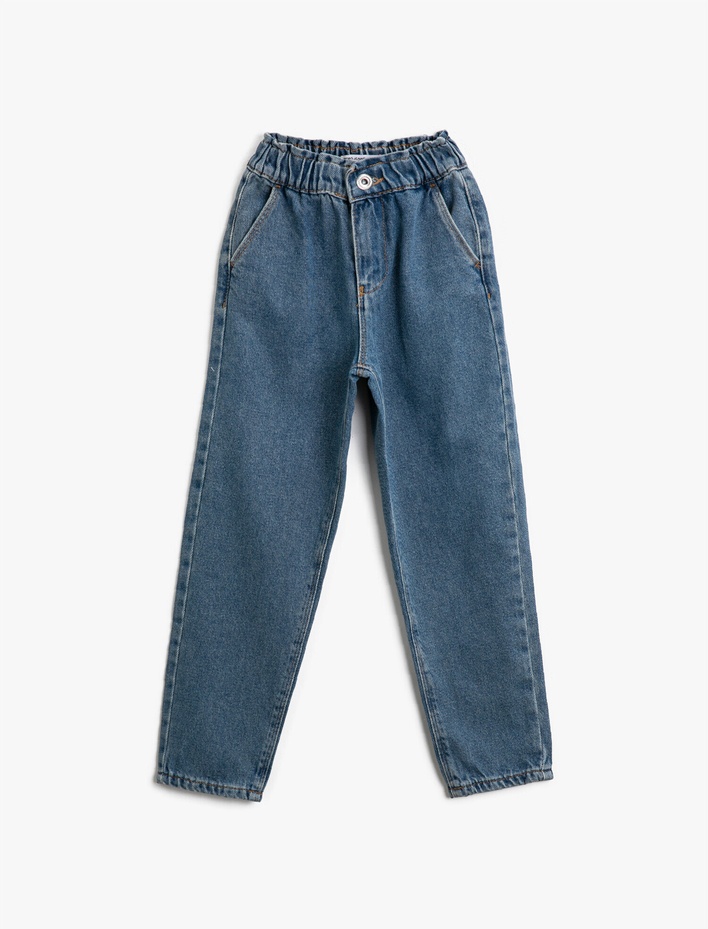 Kız Çocuk Kot Pantolon Pamuklu, Beli Lastikli, Rahat Kesim - Loose Jean