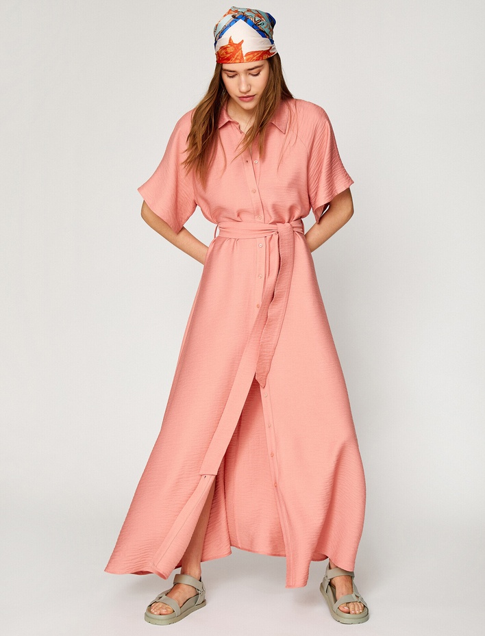  Gömlek Yaka Elbise Kısa Kollu