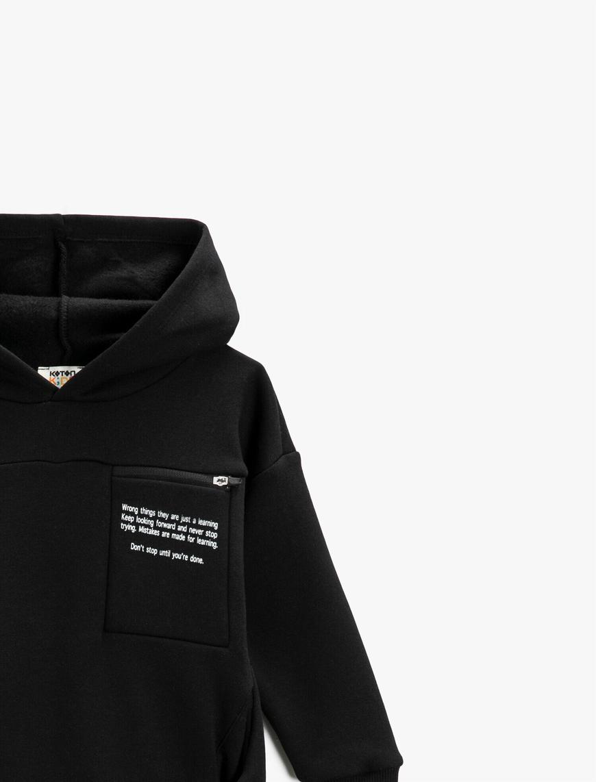  Erkek Çocuk Slogan Baskılı Kapüşonlu Sweatshirt Fermuarlı Cepli Pamuklu