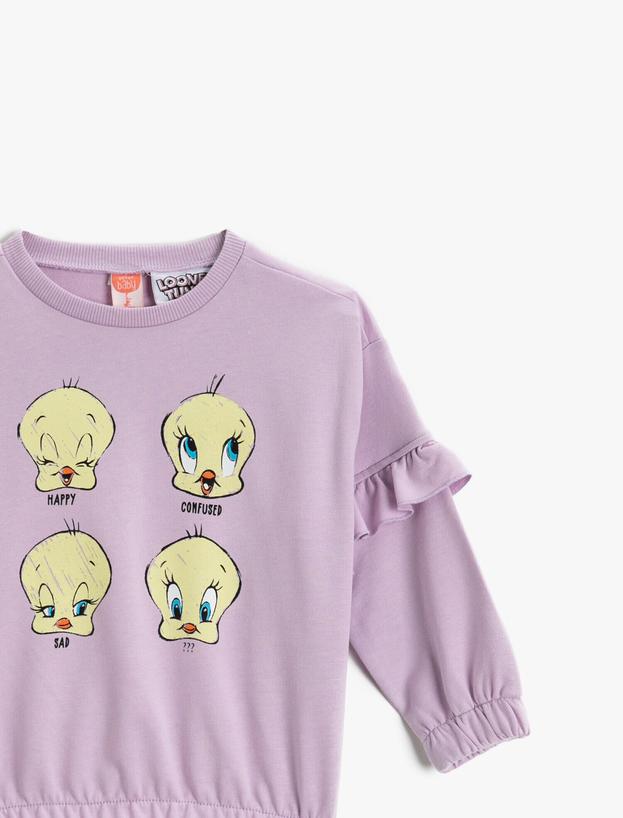  Kız Bebek Tweety Baskılı Bisiklet Yaka Fırfırlı Sweatshirt Lisanslı Pamuklu