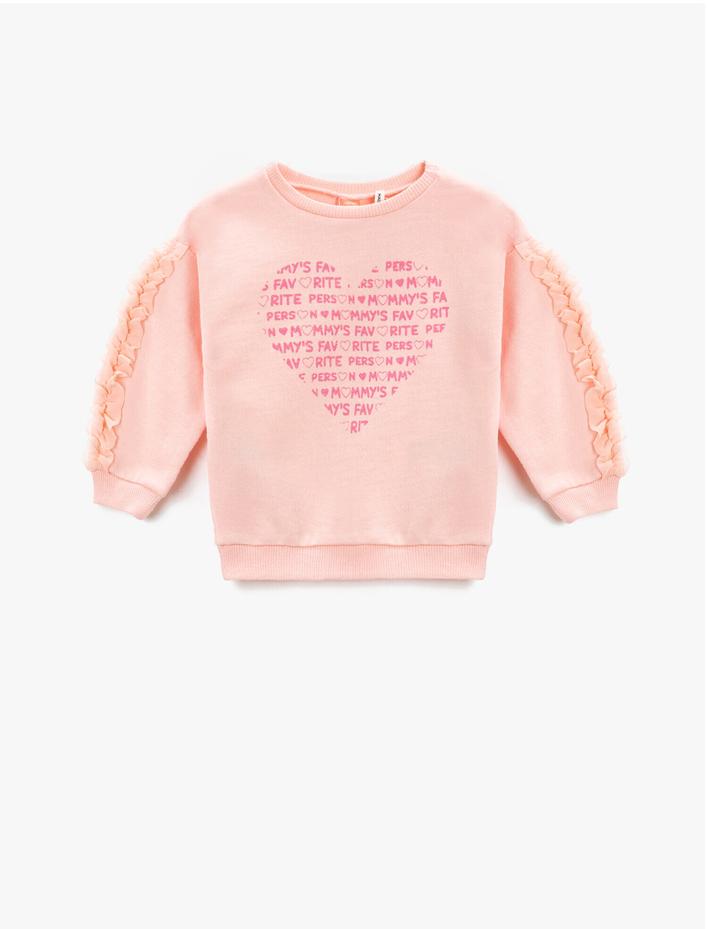Kız Bebek Kalp Baskılı Bisiklet Yaka Sweatshirt Pamuklu