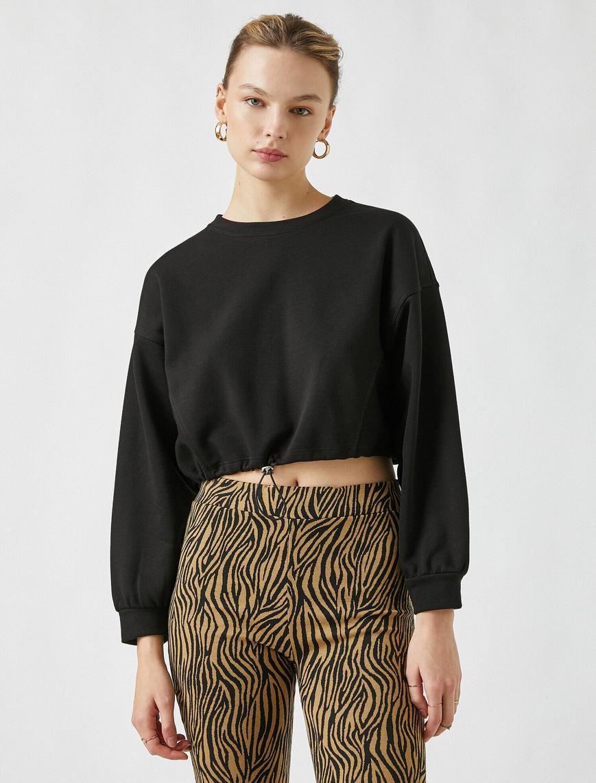   Basic Crop Sweatshirt Uzun Kollu Bisiklet Yaka Pamuklu