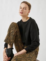 Basic Crop Sweatshirt Uzun Kollu Bisiklet Yaka Pamuklu