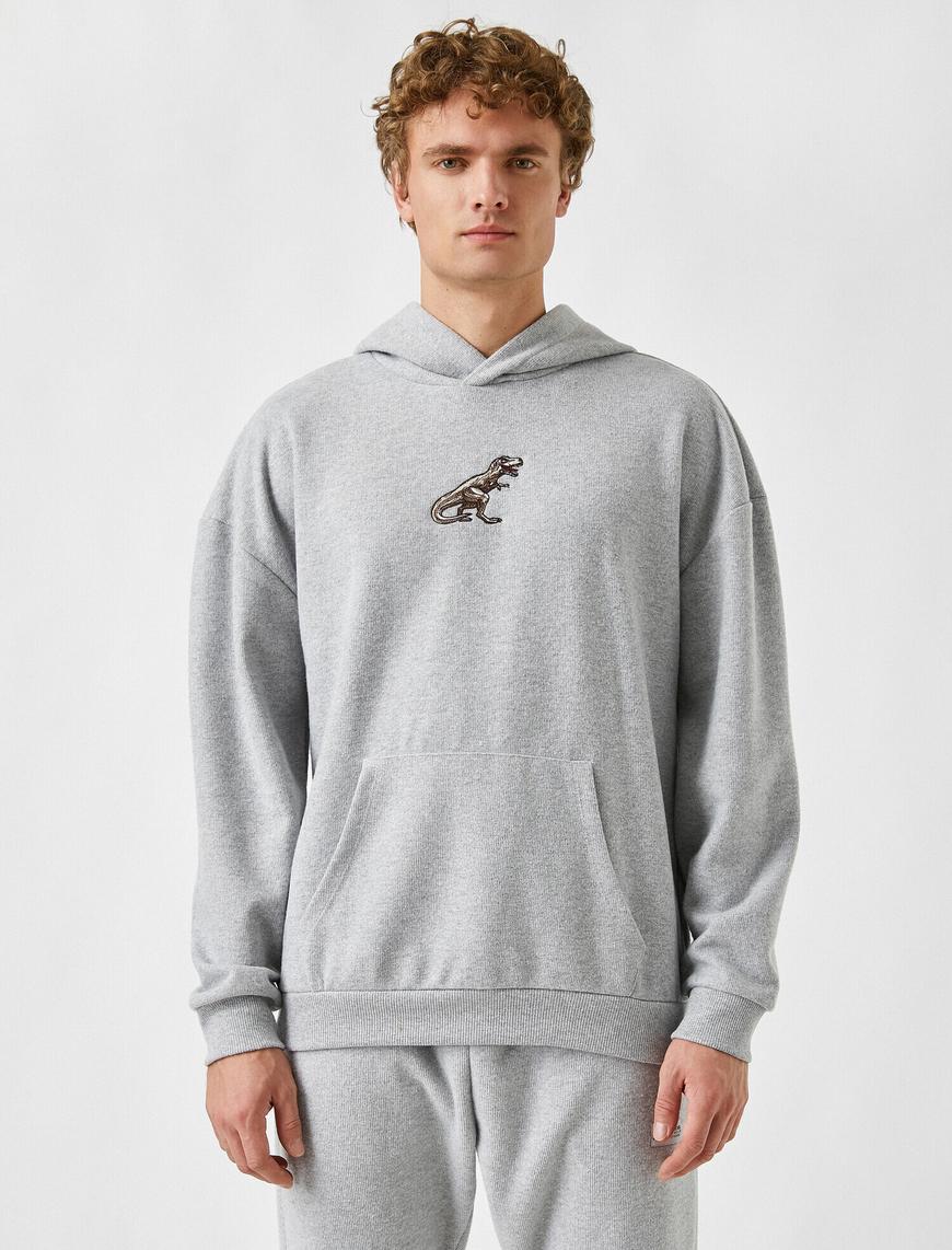   Dinozor İşlemeli Kapşonlu Sweatshirt