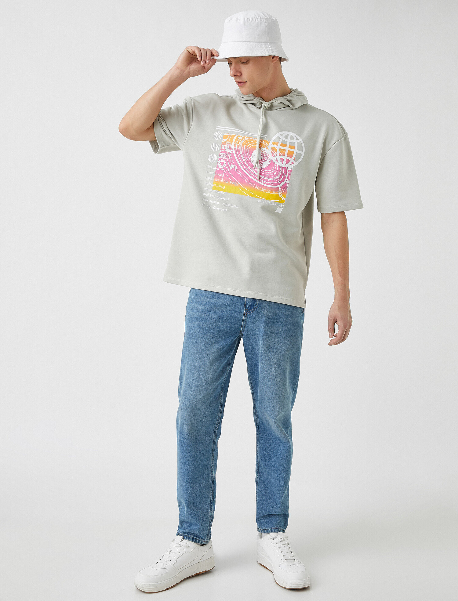 Baskılı Kısa Kollu Kapüşonlu Sweatshirt